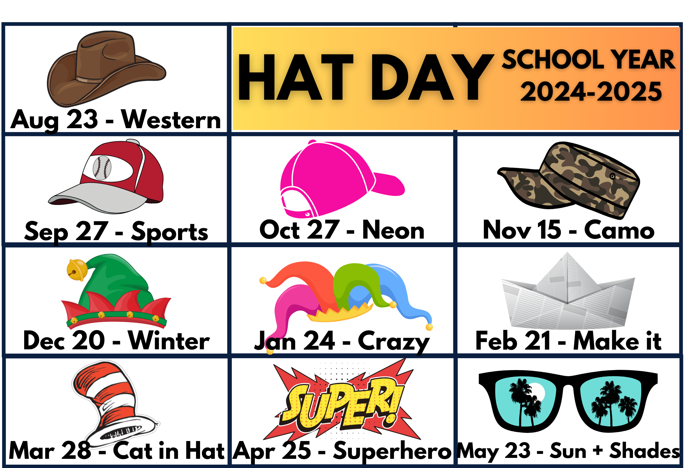 List of monthly hat day themes + dates for the school year 2024-2025